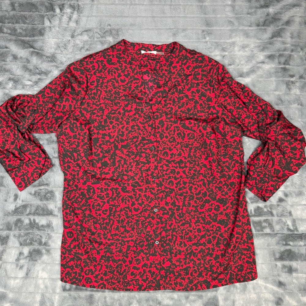 Calvin Klein Womens 1X Red Black Abstract Animal Print Roll Tab Button Down Top
